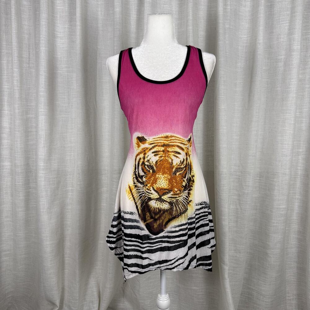 Tank Tunic Top Womens L/XL Pink Tiger Rhinestone Lace Back Animal Print Summer